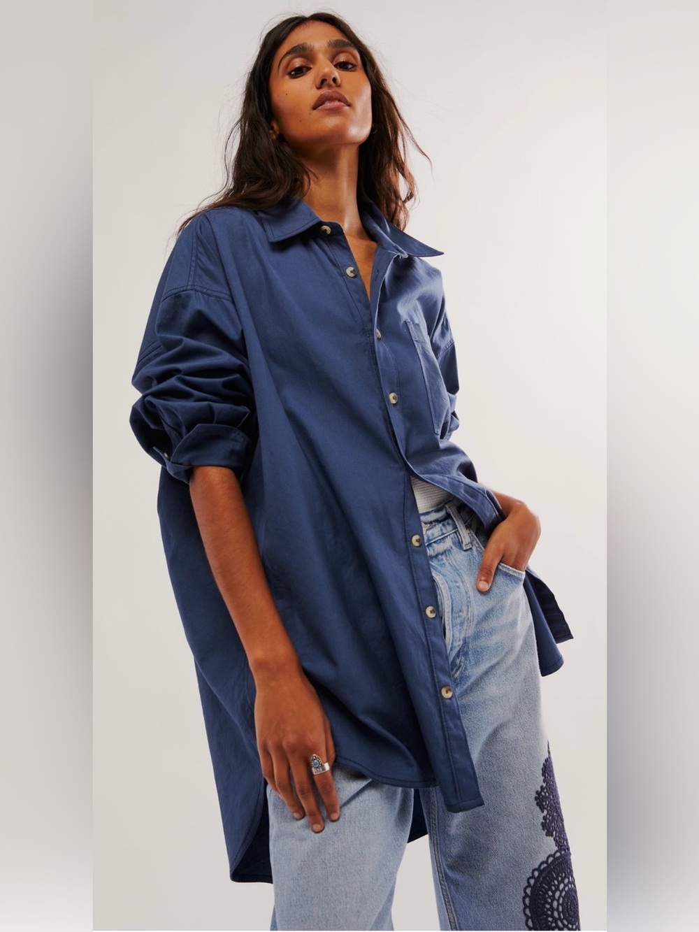 NEW Free People S We the Free Freddie Shirt in Dark Denim Navy Blue Cotton NWOT